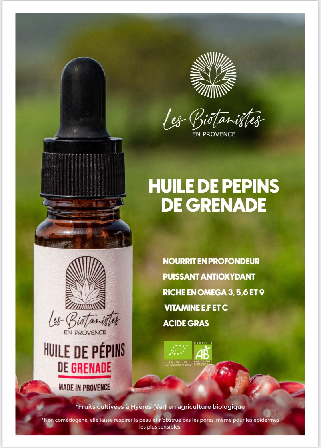 Huile de pepin de grenade antioxydant riche en omega 3, 5, 6 et 9